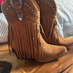 Pink Lily Fringe Suede Ankle Boots - Brown